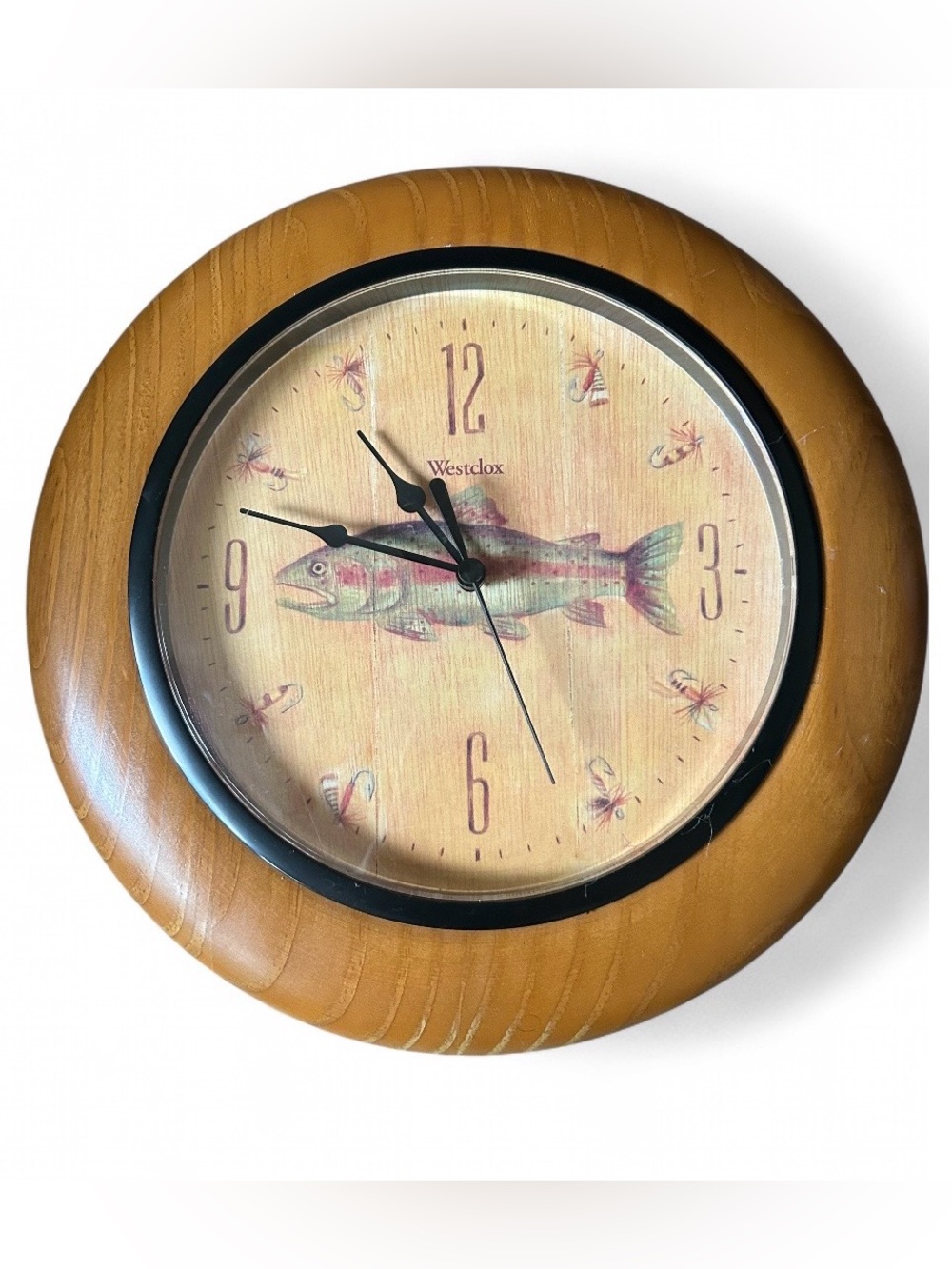 Vtg Westclox Wooden Round Wall Clock in Light Brown with Fish Motif